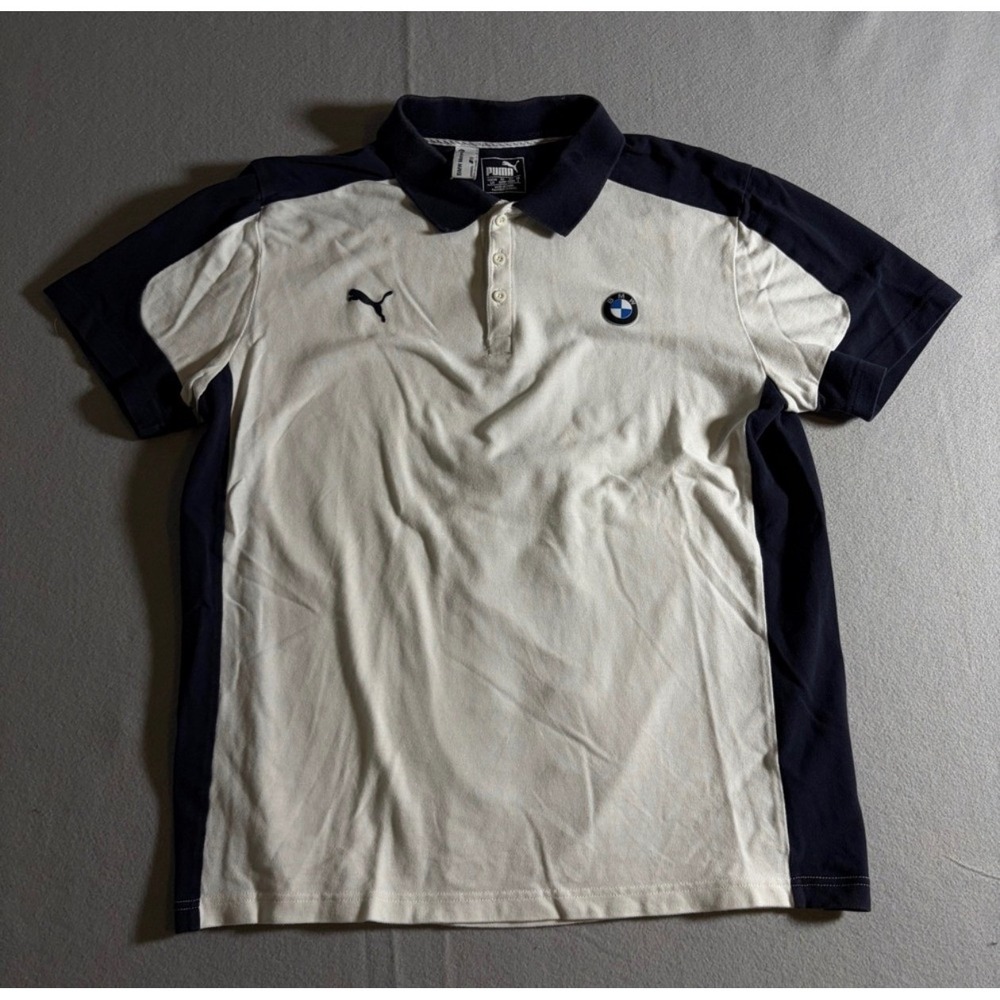 Puma BMW Motorsport Mens Large White Navy Blue Polo Shirt Short Sleeve Racing